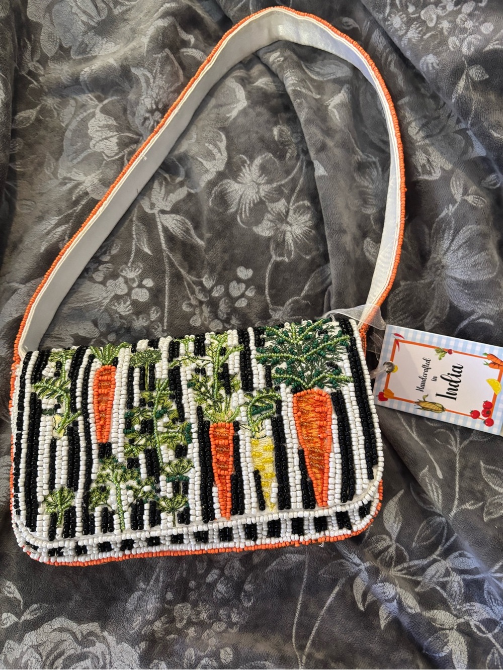 NWT handcrafted in India beaded carrot bag